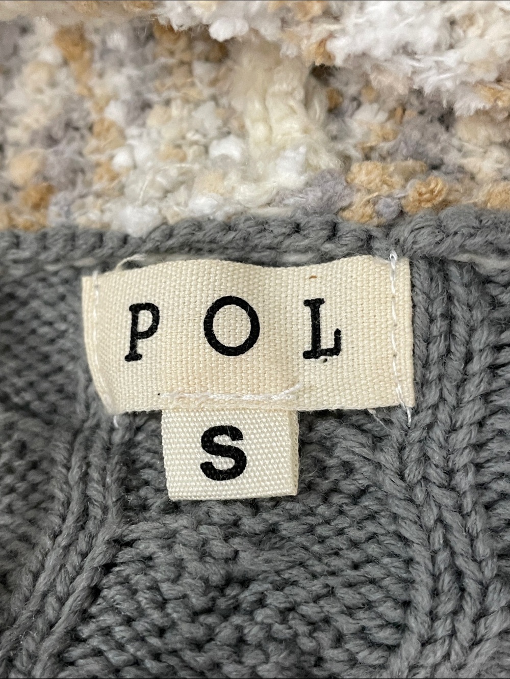 POL Patchwork Hooded Cardigan in Cream, Gray & Tan - Picture 5 of 7